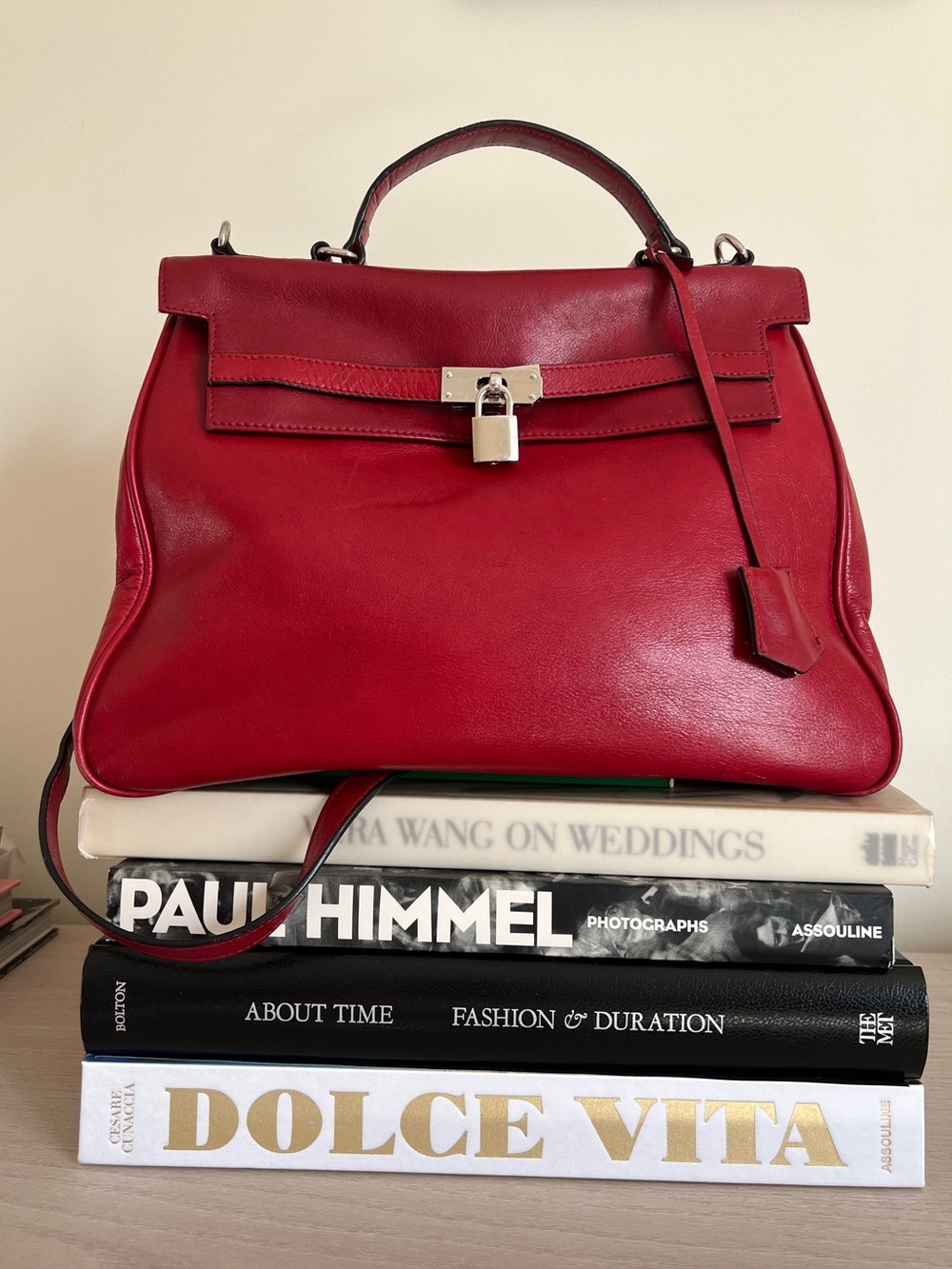 Red Leather Structured Satchel Bag Kelly Style Padlock Top Handle Strap, Pegabo